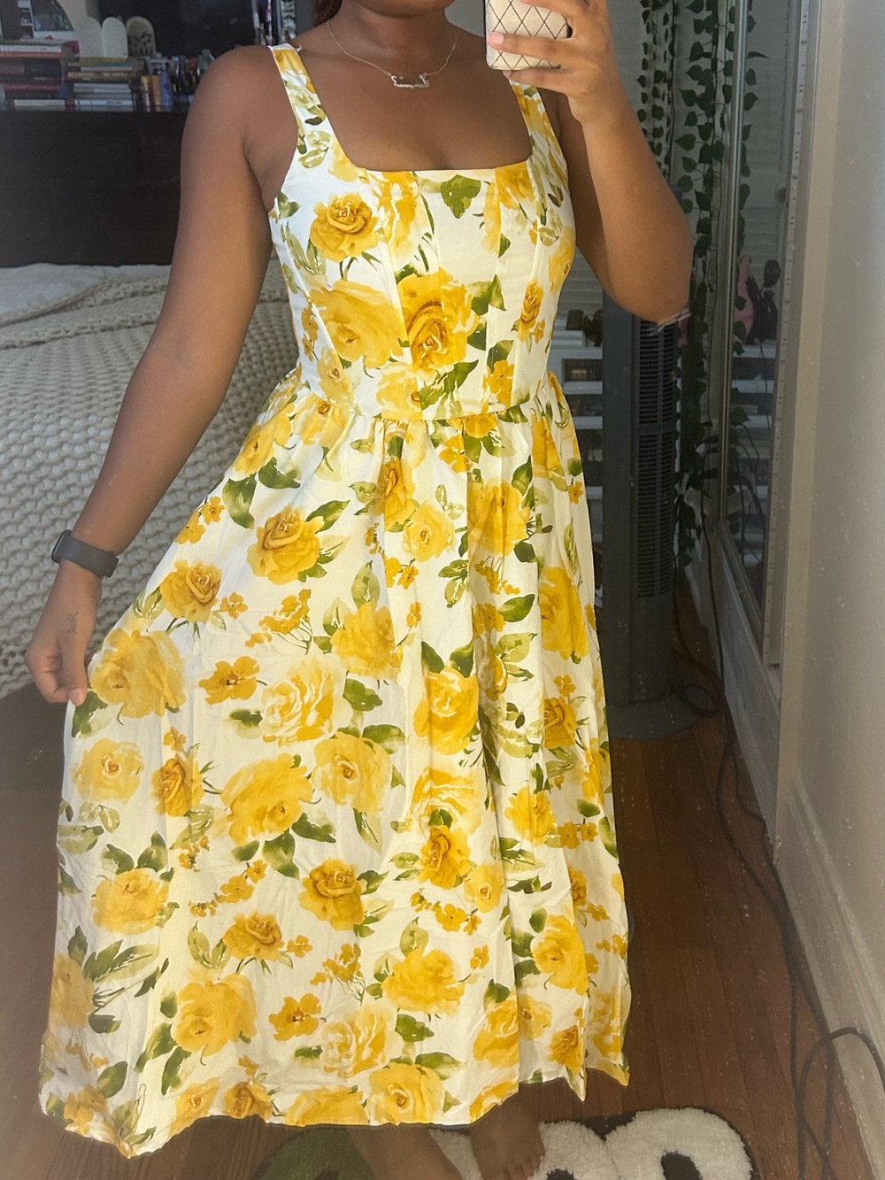 Jason Wu Yellow Floral Square-Neck Midi Dress
